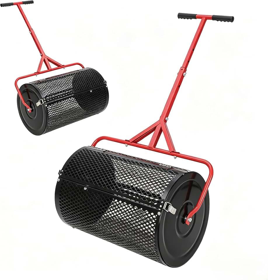 Compost Spreader, 24 Inch Peat Moss Spreader with Handle, 3 Heights Adjustable, Powder Coated Metal Mesh Top Dressing Spreader for Lawn, Planting Seeding