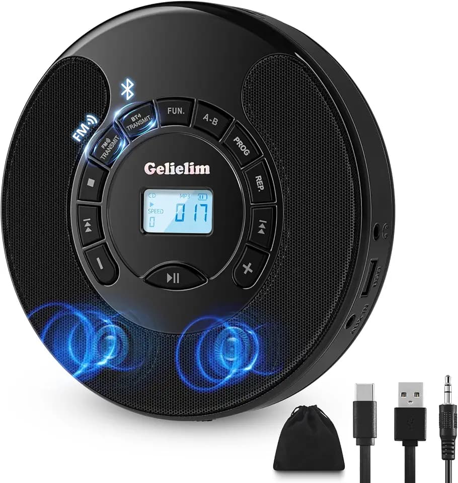 Gelielim Portable CD Player for Car, Rechargeable Personal CD Player with FM Transmitter, Bluetooth Transmitter & Receiver, Dual Stereo Speakers, AUX Output, Anti Skip, MP3 CD/CD-R/RW Disc Player