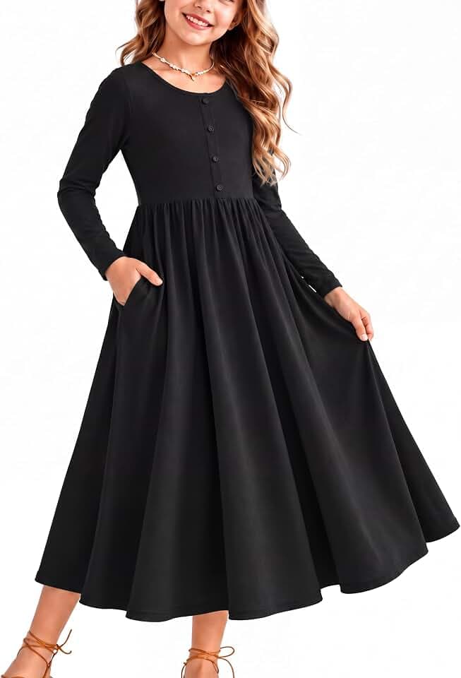 Arshiner Mädchen Langarm Kleid Maxikleid mit Taschen Knopf-Detail