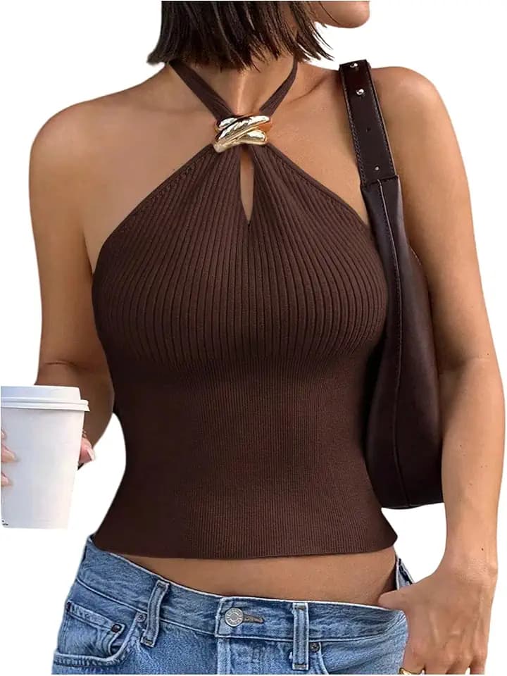 Verdusa Women's Knit Halter Tops Sleeveless Cropped Going Out Tops