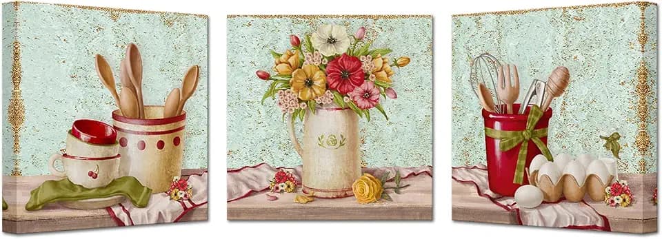 KREATIVE ARTS 3 Piece Kitchen Wall Art Set Fork Spoon Poster Painting on Canvas Wall Pictures for Modern Farmhouse Dining Room Decor Framed Ready to Hang Each Size 12 x 12 (Small)