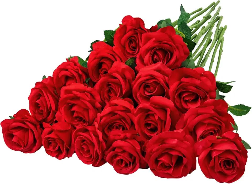 Ouddy Decor 20 Pcs Fake Red Roses Artificial Silk Flowers with Long Stems