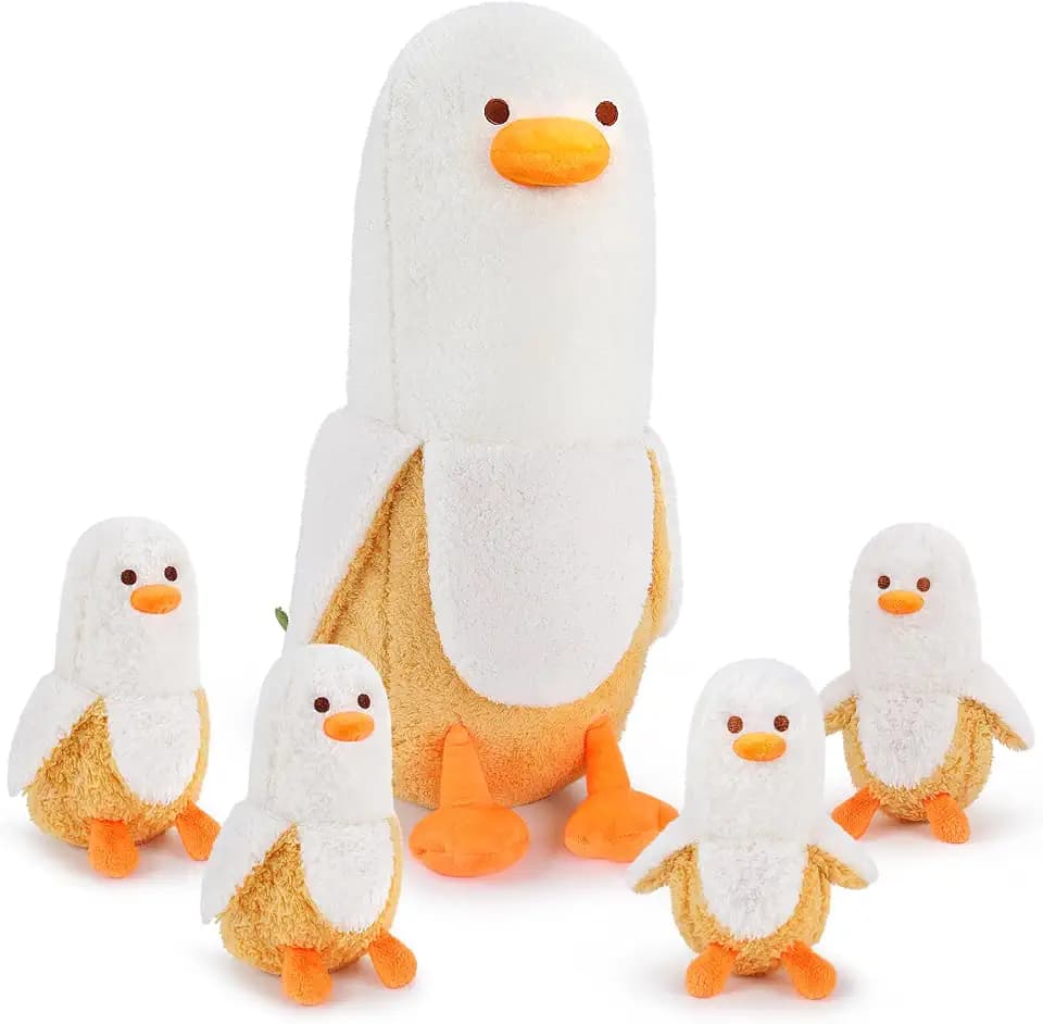 Auspicious beginning 5 PCS Banana Duck Plush Stuffed Animal Family, 20'' Cute Banana Duck Mommy with 4 Baby Plushies Kawaii Plush Toy Birthday Gifts for Kids Boys Girls
