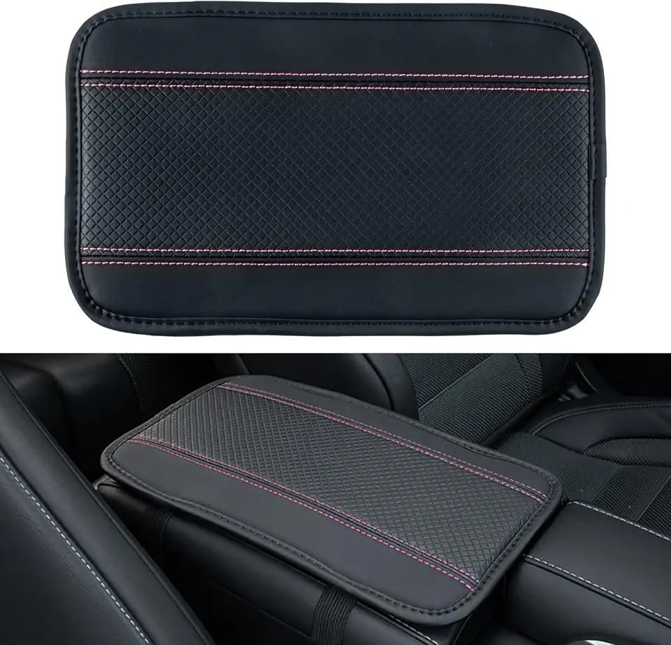 Amiss Car Center Console Pad, Universal Waterproof Car Armrest Seat Box Cover, PU Leather Auto Armrest Cover Protector，Vehicle Interior Accessories fits SUV/Truck/Car (Black-Pink)