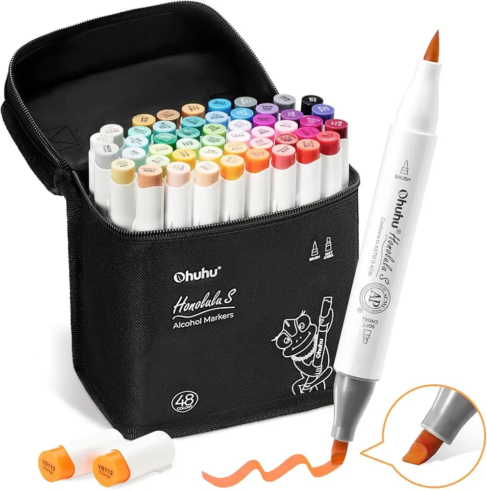 Ohuhu Alcohol Markers 48 Colors Brush& Soft Chisel for Adult Cozy Coloring