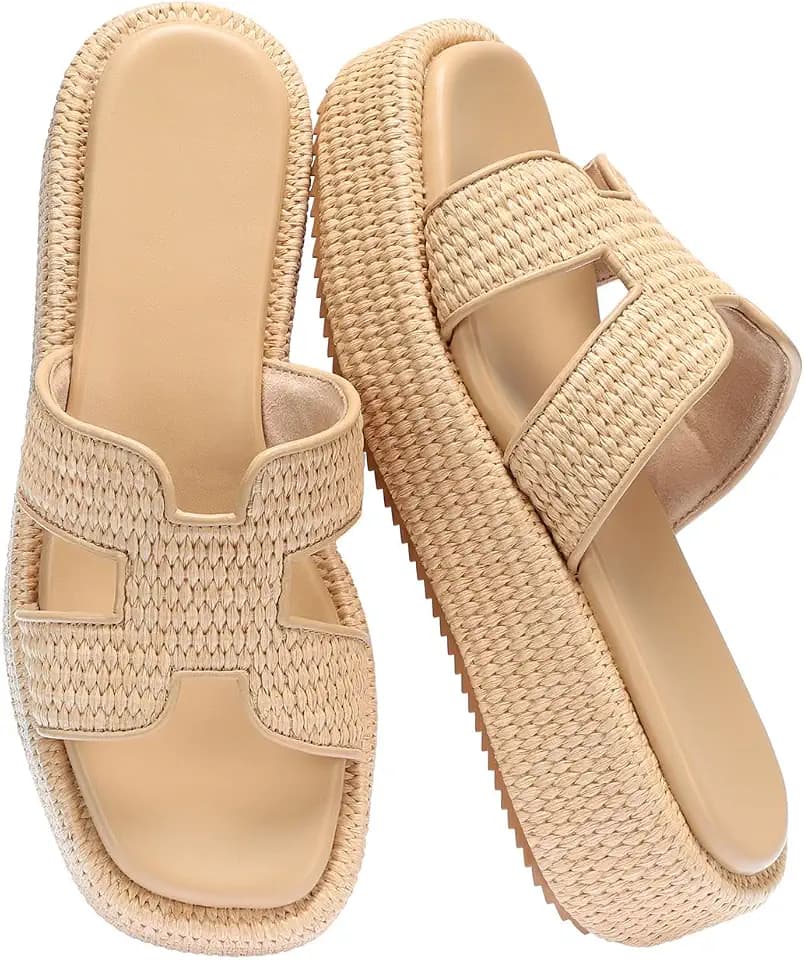 Monrovia Raffia Platform Sandals for Women Slip-On Espadrille Wedges Slides, Flatform Woven Straw Summer Vacation Beach Shoes