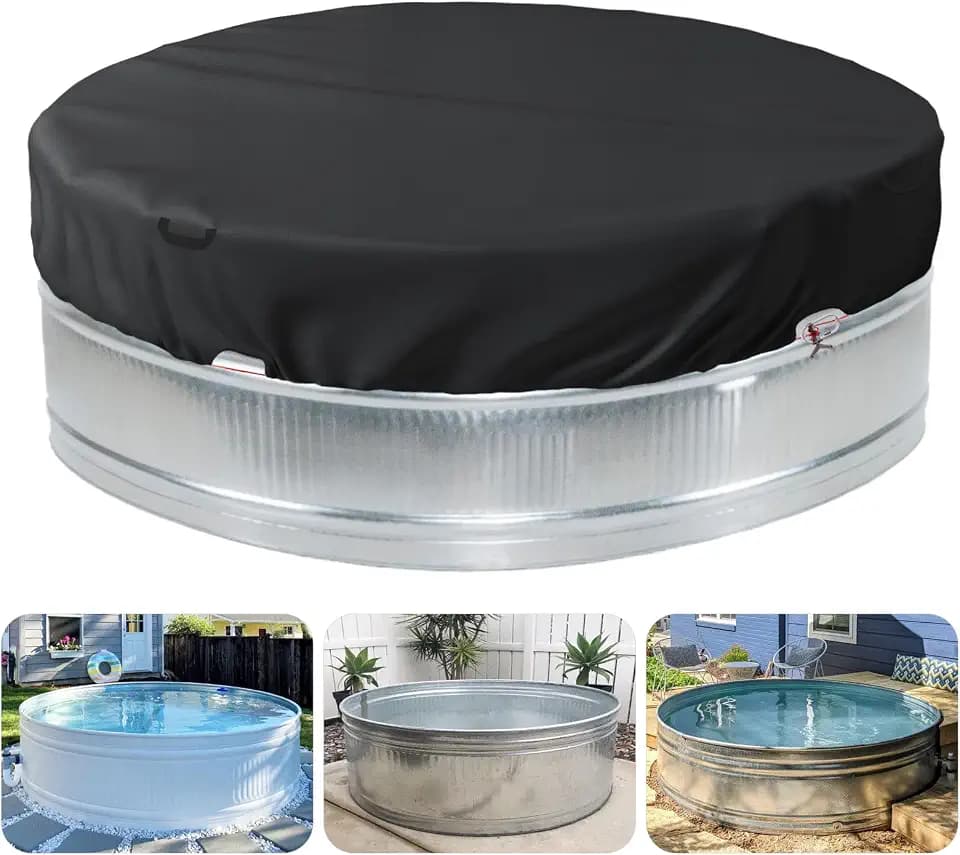 9-10 ft Steel Round Stock Tank Pool Cover - Heavy Duty Waterproof Covers for Trough Pool, Wire Rope & Winch Design Increase Stability - Black