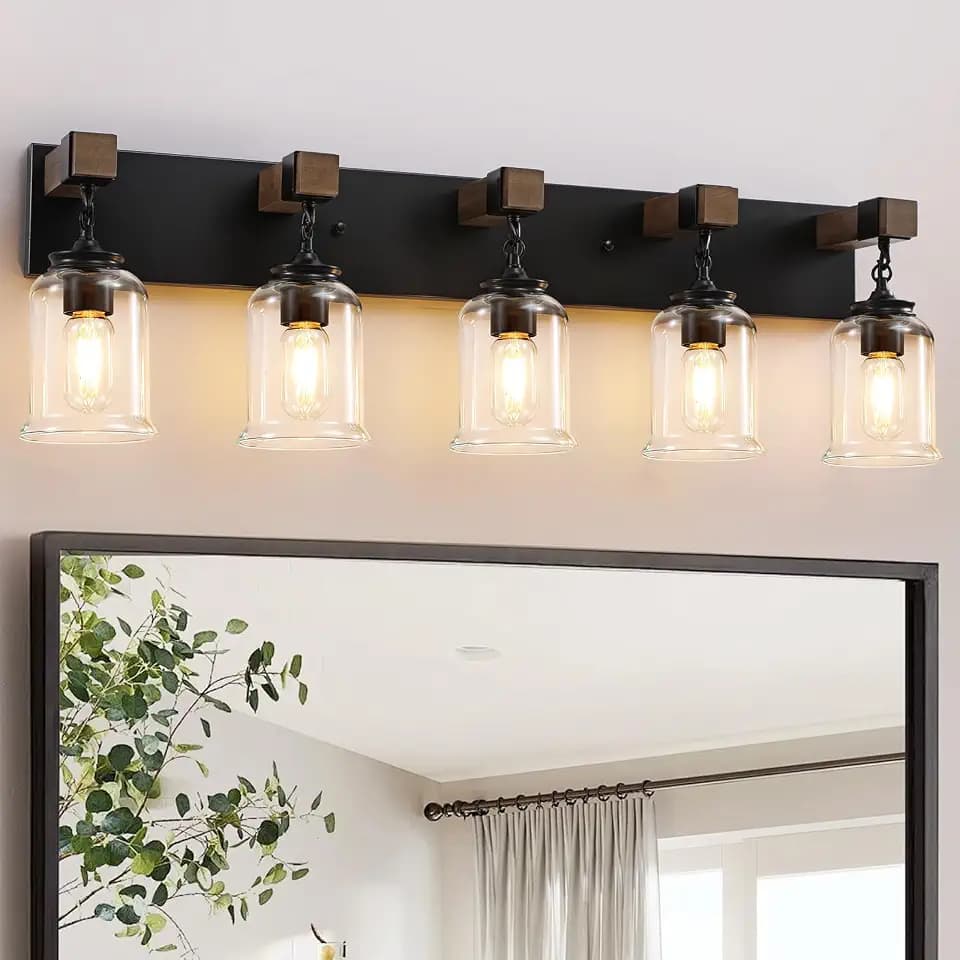 Bathroom Light Fixtures, Black Wood with Bell Jar Clear Glass Shades