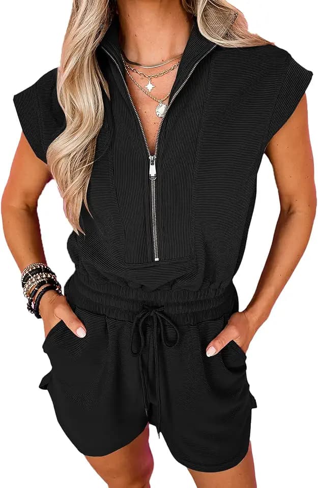 Rompers for Womens Summer Half Zip with Pockets