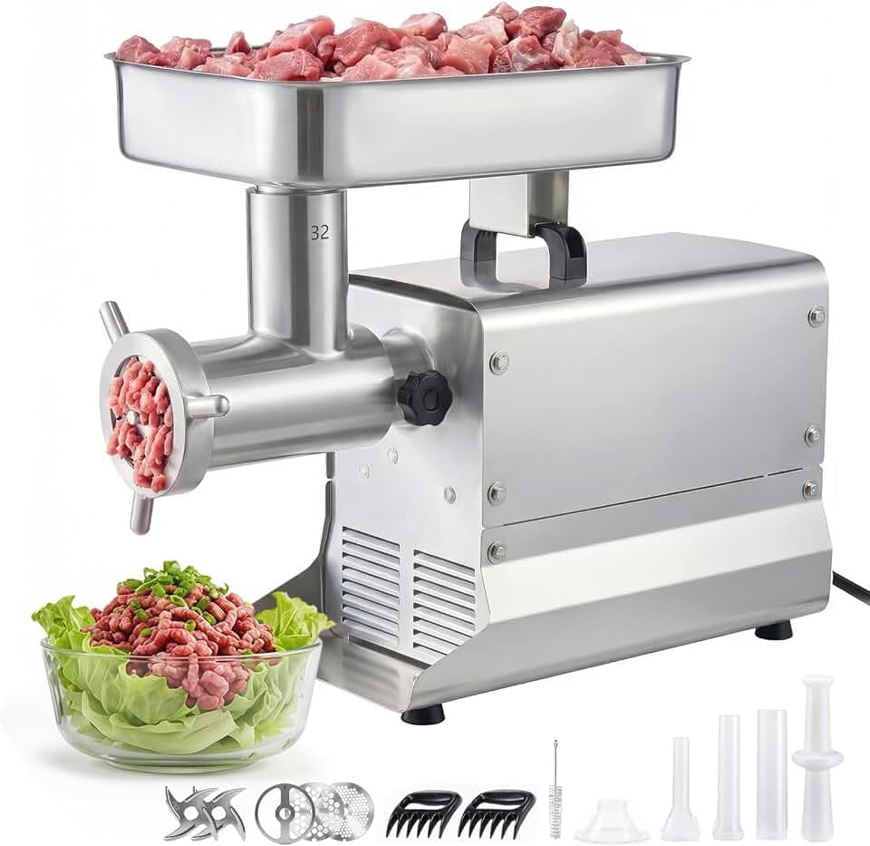 VEVOR Fleischwolf, 9,5 kg/min Kapazität, #32 Elektrischer Fleischwolf mit 3 Lochscheiben, 3 Wurstfüllrohren, 1100 W, 2-in-1 Küchenmaschine aus Edelstahl für private Küchen & Restaurants