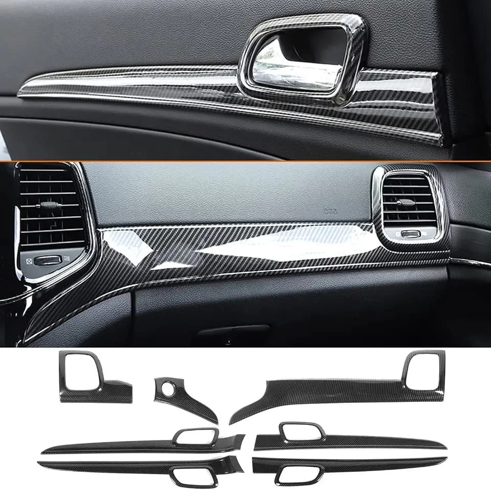YOCTM Dashboard Panel Trim & Door Handle Cover Kit for Jeep Grand Cherokee 2014-2021, Carbon Fiber Look Interior Accessories, 7PCS Decorative Set, Black
