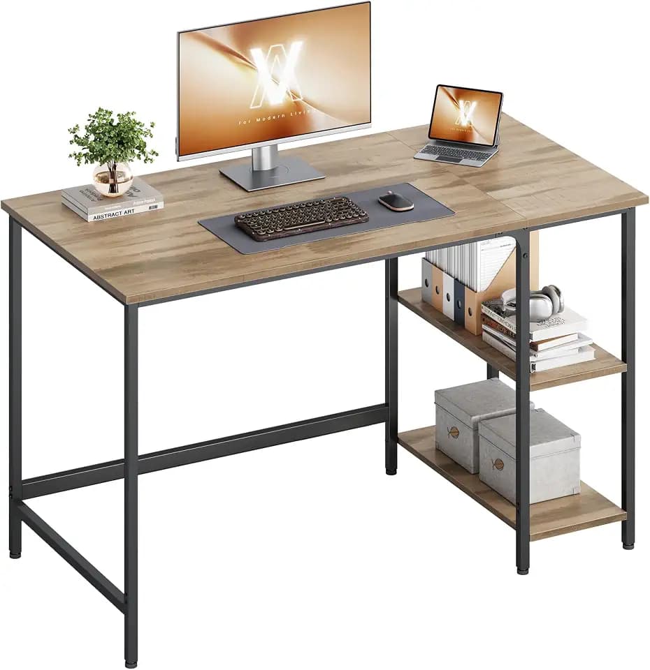 VASAGLE Computertisch, Schreibtisch mit 2 Ablagen links oder rechts, Arbeitstisch für Büro, Wohnzimmer, Stahlgestell, Industrial, Kamelbraun und Tintenschwarz LWD047K01