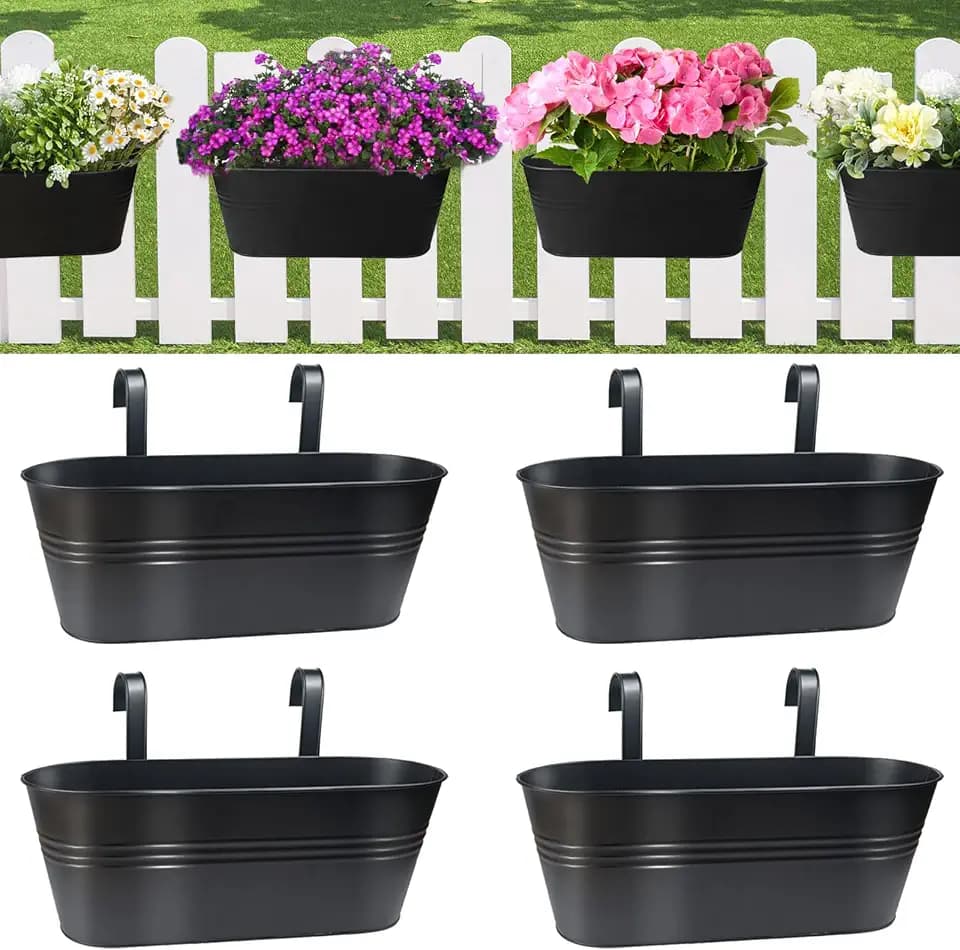 16 Inch 4 PCS Metal Hanging Flower Pots for Railing Fence, Large Railing Planters for Outdoor Plants, Fence Hanging Planters with Detachable Hooks for Garden Balcony