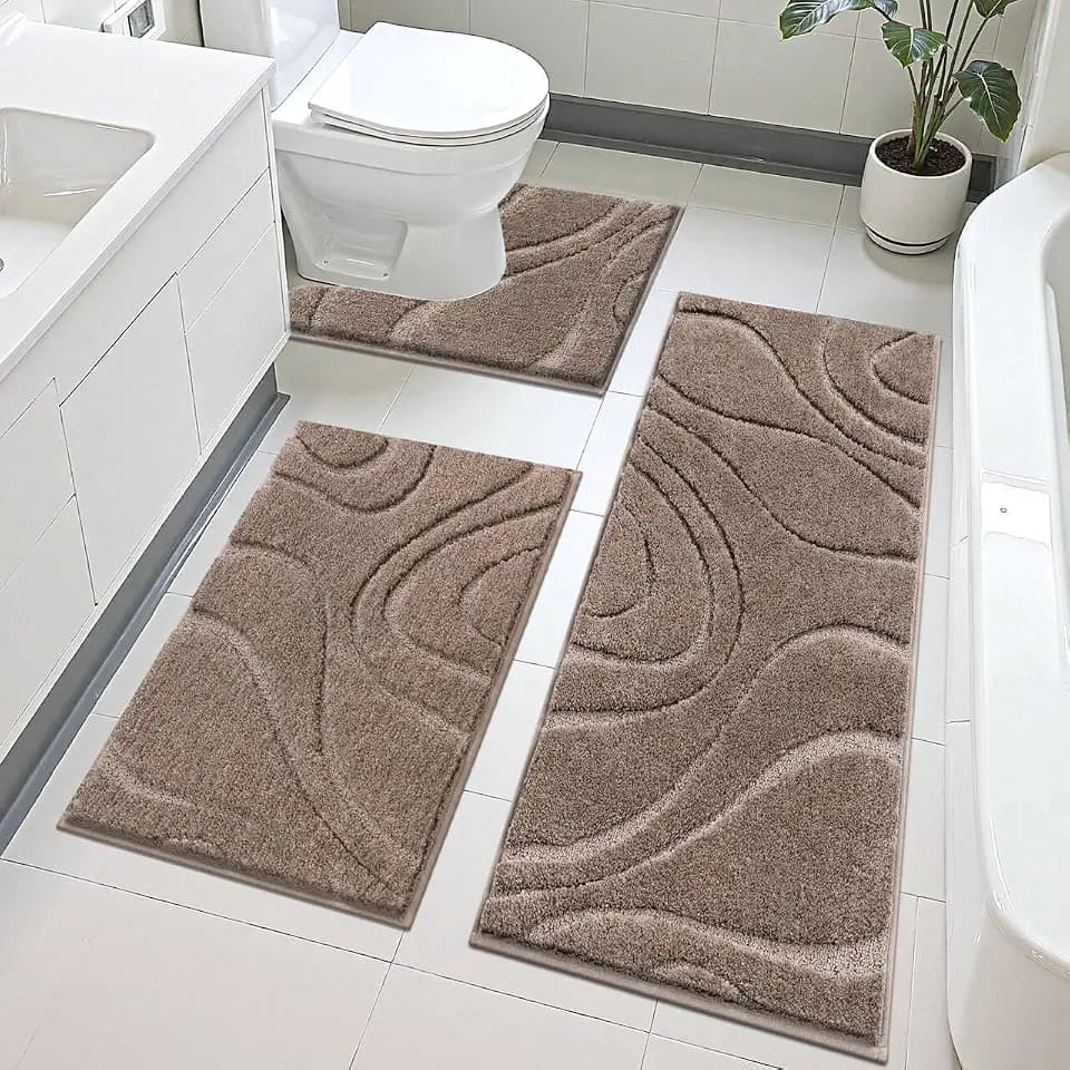 HEBE Bathroom Rugs Sets 3 Piece, Non Slip Washable Absorbent Bath Mat Set