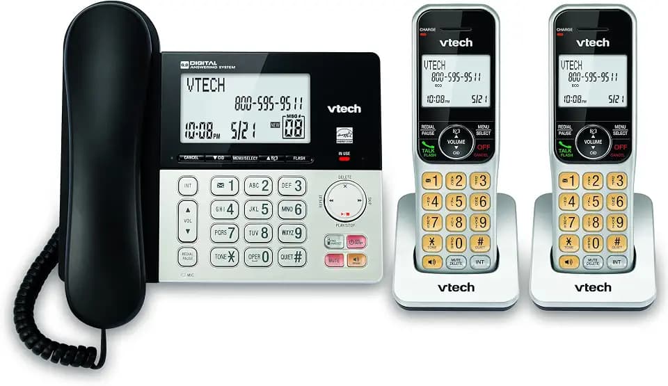 VTech VG208-2 DECT 6.0 Corded/Cordless Phone System with 2 Handsets, Digital Answering Machine, Call Blocking, Caller ID, Large Backlit Display