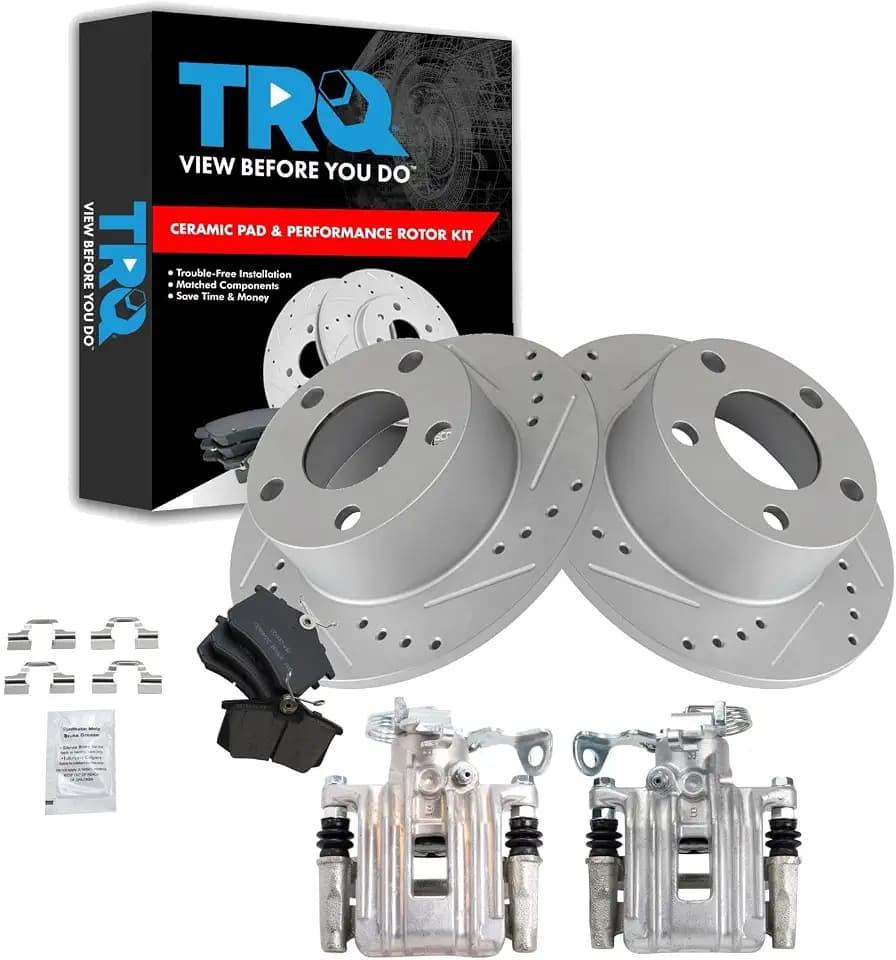 TRQ Rear Brake Pad and Rotor Set Ceramic Solid Rotors Calipers Hardware Compatible with 2000-2001 Audi A6