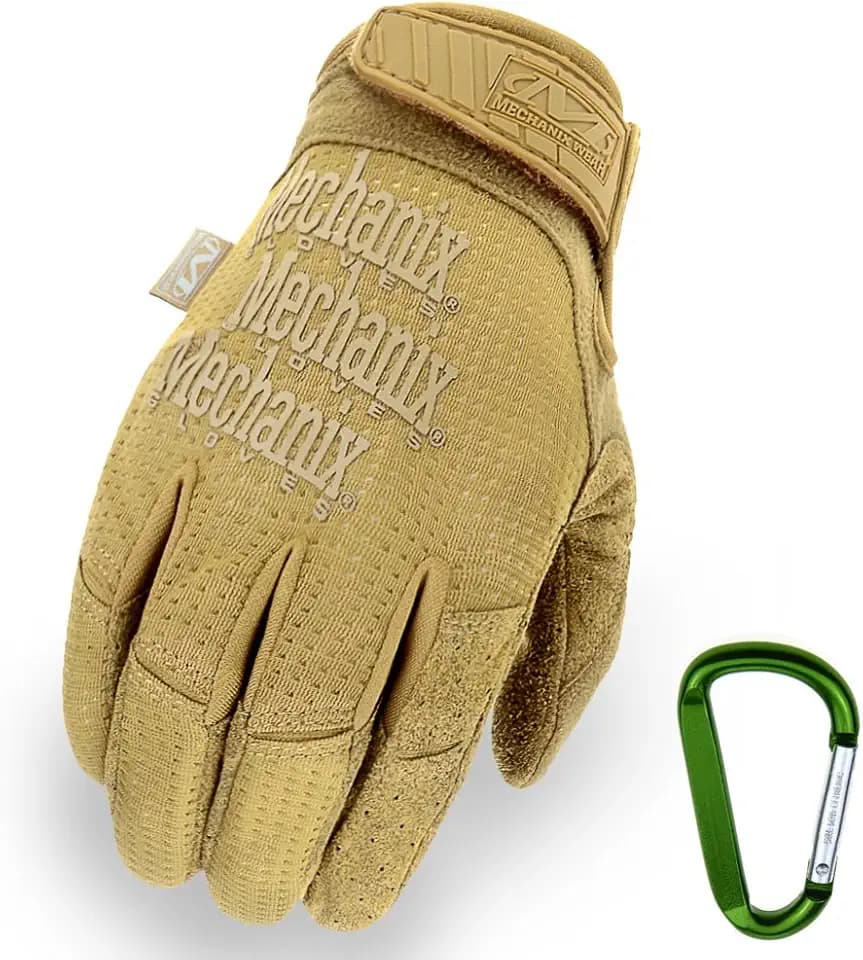 Mechanix WEAR Tactical Vent Einsatz-Handschuh, extrem atmungsaktiv, touchscreenfähig & abriebfest + Gear-Karabiner, in Schwarz & Coyote/Größe S, M, L, XL