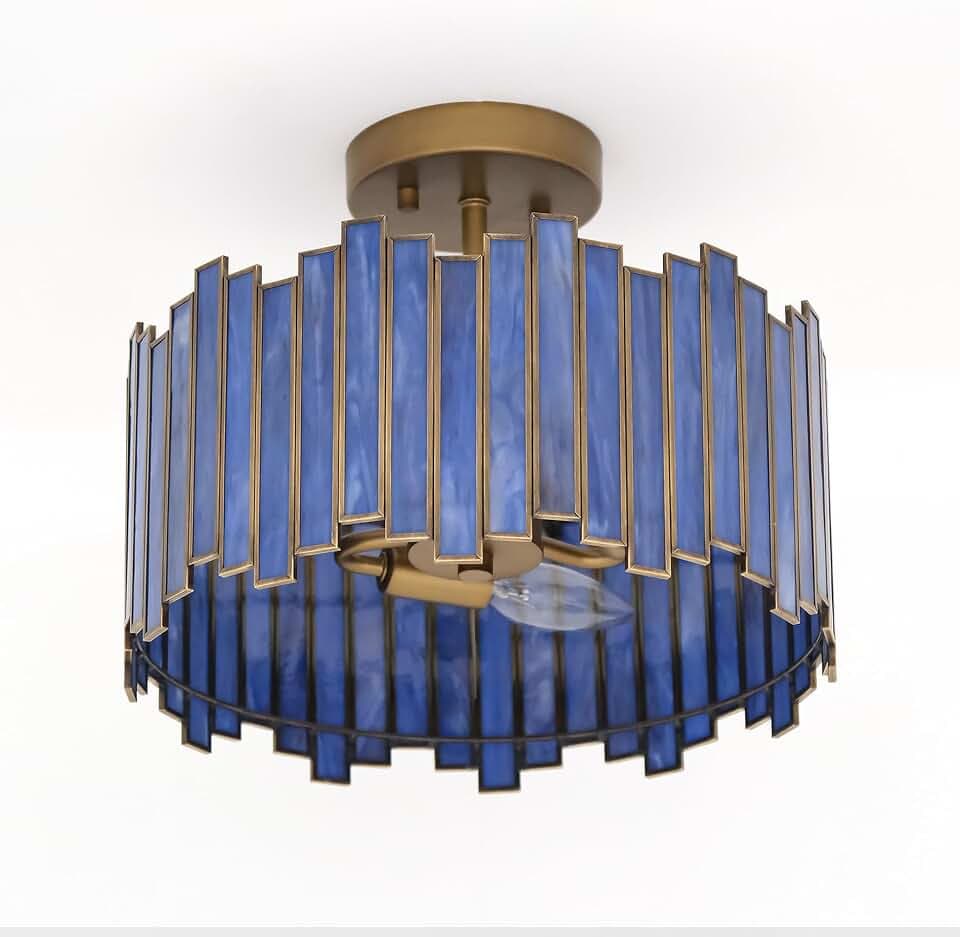 Antique Brass Ceiling Light Fixture in Drum Shape, 12.5” Modern Semi Flush Mount Tiffany Lamp with Blue Purple Glass, 3 Light Round Ceiling Hanging Lighting for Foyer Hallway Bedroom Kitchen