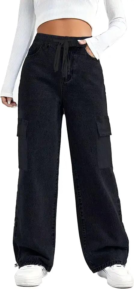 SESERAGI Womens Wide Leg Cargo Jeans Stretchy Baggy Parachute Denim Pants