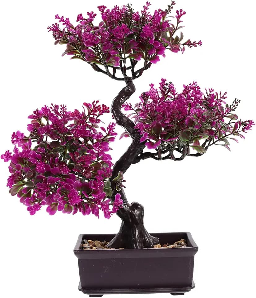 Cabilock Artificial Bonsai Tree, Fake Potted Bonsai Plants Decoration, Desktop Realistic Welcoming Pine Ornament for Home Office Entryway Chests Decor, Red (Purple)