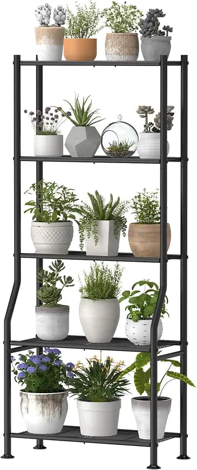 Livilord 5-Tier Plant Stand Indoor Outdoor, 64" Tall Metal Ladder Shelf for Multiple Flower Pot Holder, Waterproof Corner Garden Rack for Balcony Living Room, Black