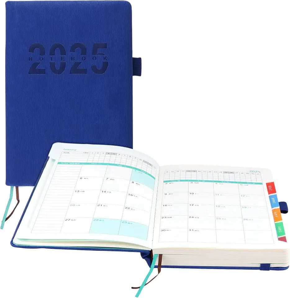 2 Stück A5 Terminplaner Blau 2025-2026, Tagesplaner, Kalender Buchkalender A5 mit Monatsregistern, Terminkalender 2025 Stiftschlaufe für Beruf, Homeoffice, Familienorganisation