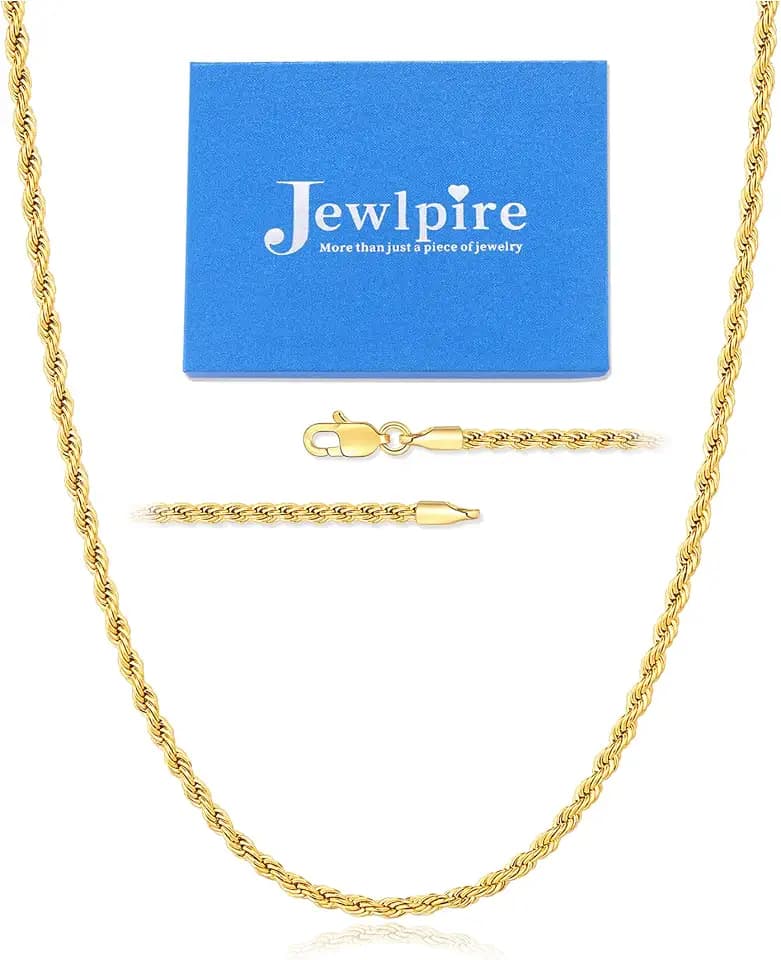 Jewlpire Silver Rope Chain/14k Gold Plated Chain Necklace for Men, 2.5mm 3mm 4mm Chains for Men Women, Stainless Steel Necklace Chains, Mens Necklaces 16 18 20 22 24 26 Inch