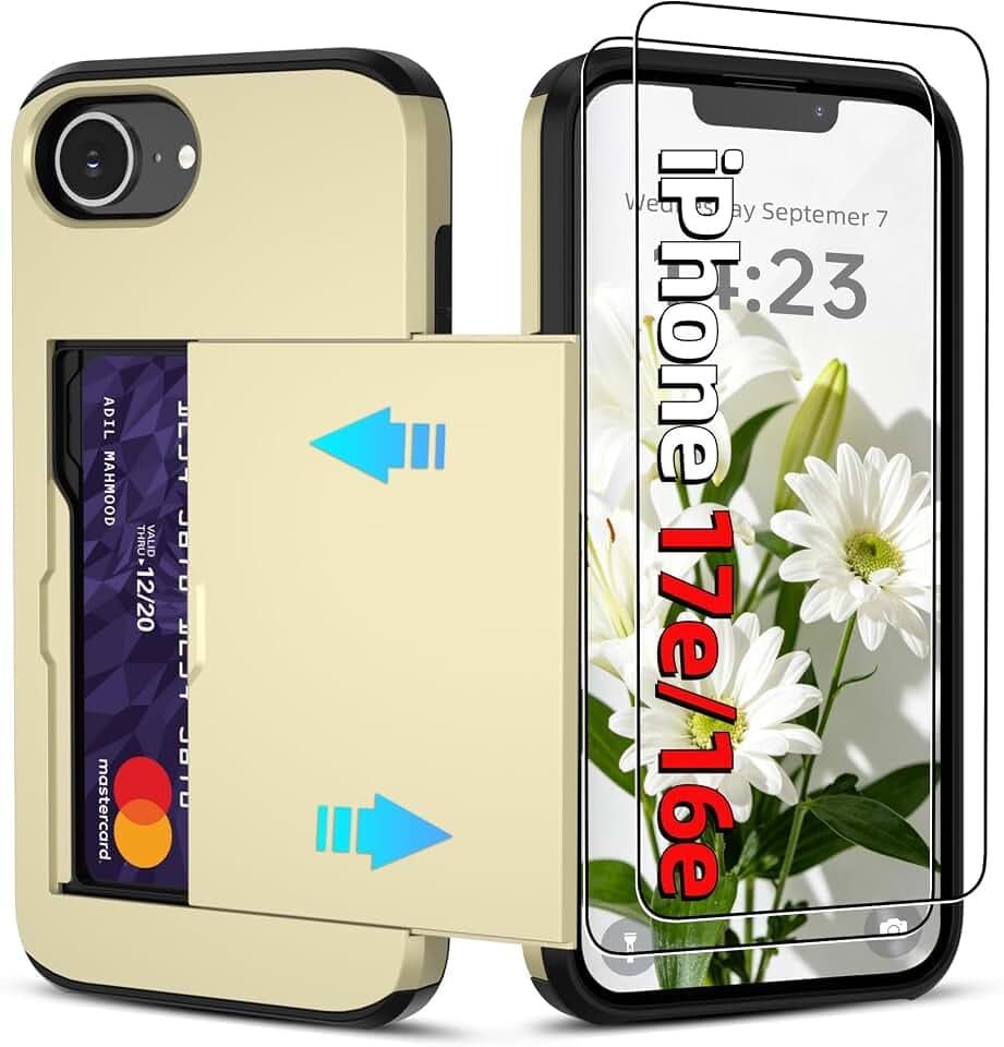 Pilaru for iPhone 17e Case, iPhone 16e Case with Card Holder【2 Pcs HD Screen Protector】 Slim Heavy Duty Dual Layer Shockproof Design【Hidden Card Slot 】 Wallet Case for iPhone 16e Cases 6.1 inch-Gold