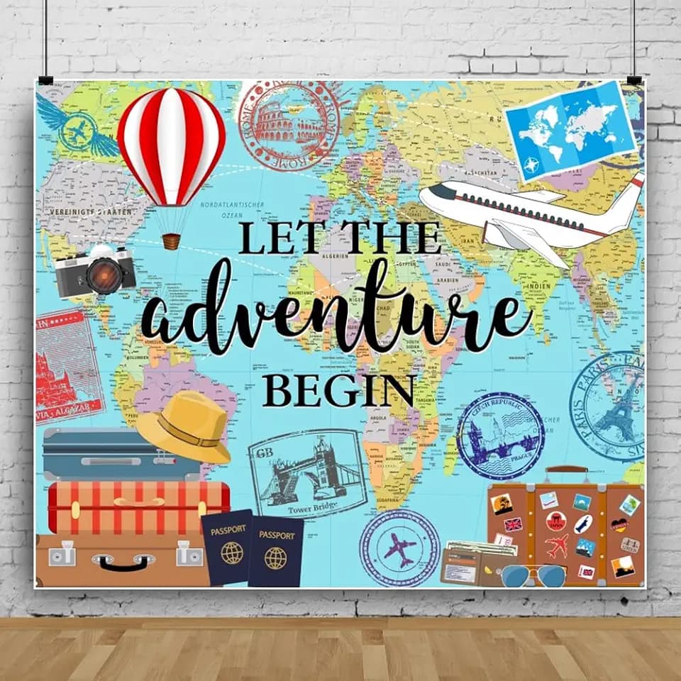 Adventure Awaits Backdrop World Map Let The Adventure Begin Backdrop Global Travel Baby Shower Holiday Retirement Party Decorations Photography Background Studio Props 10x8ft(300x240cm)
