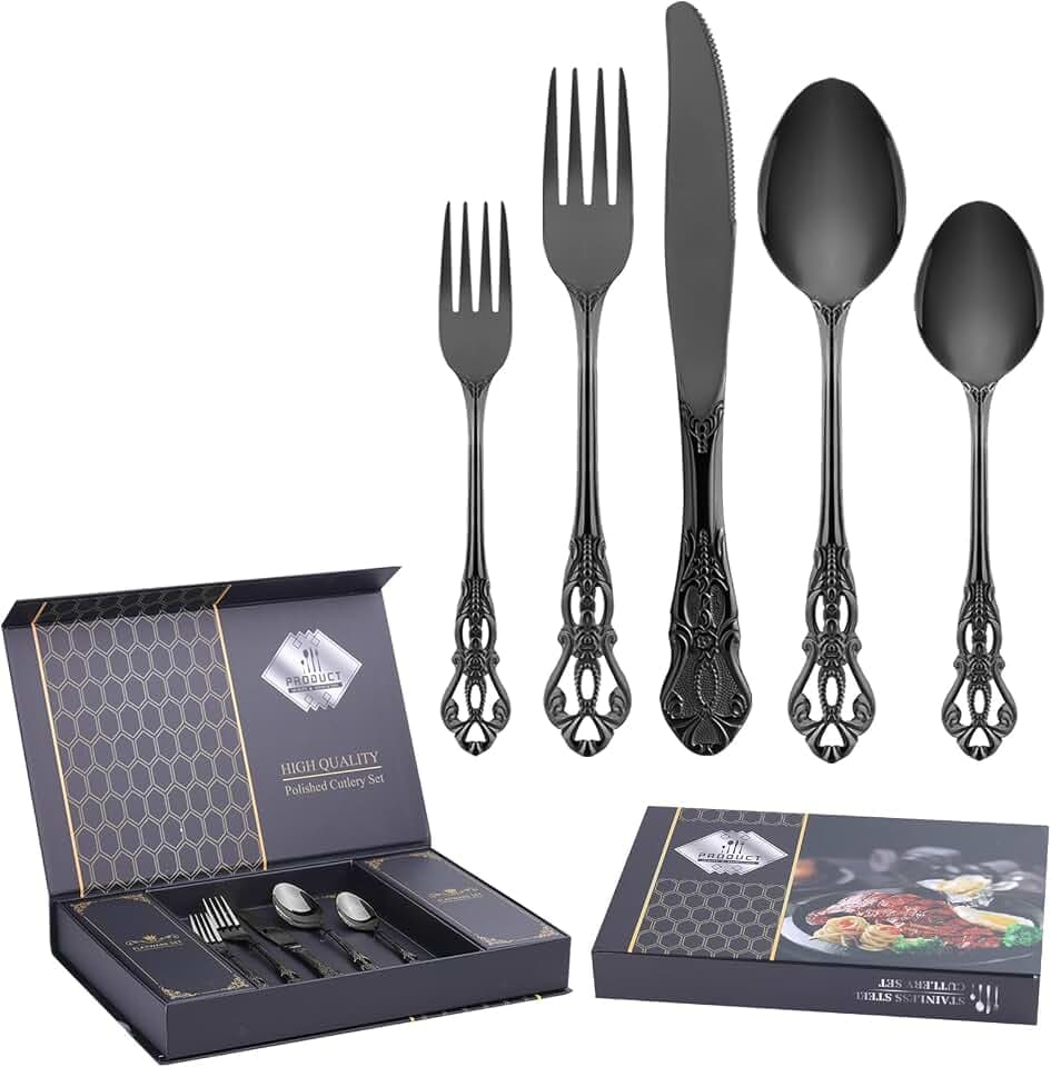 40 Piece Gorgeous Retro Royal Black Silverware Set for 8, Premium Stainless Steel Flatware Set with gift box, Mirror Polished Cutlery Set Including Spoons and Forks, Vintage Utensils, Dishwasher Safe