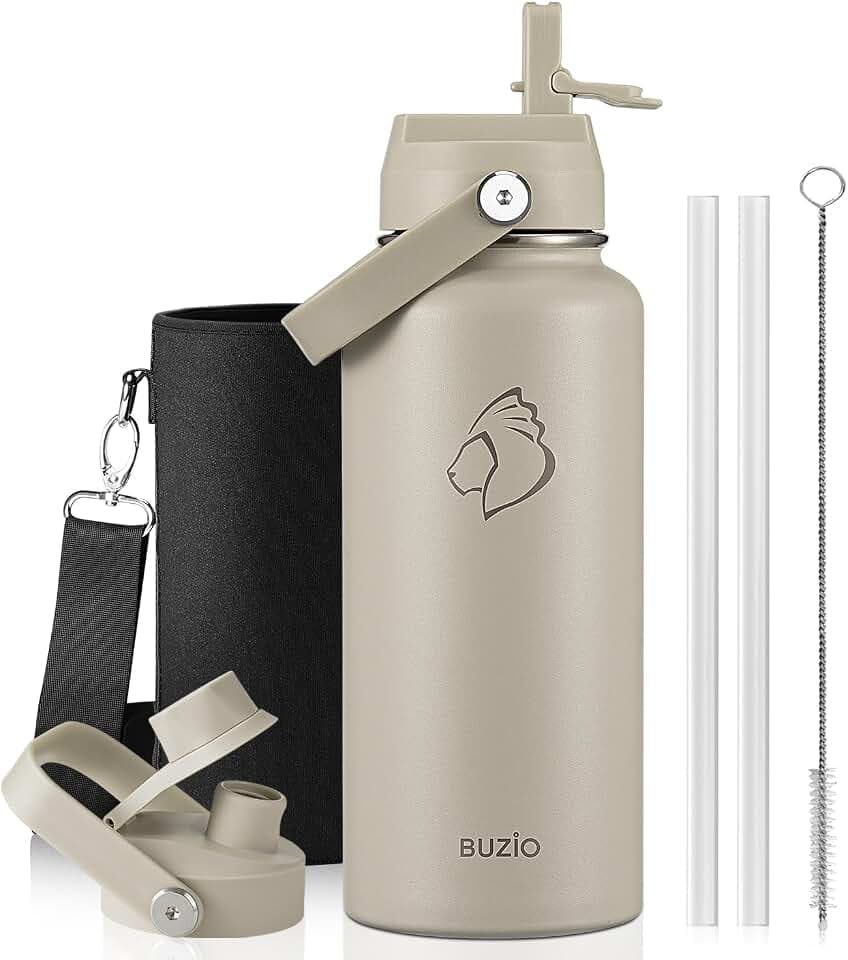 BUZIO Insulated Stainless Steel Water Bottle 32 oz with Straw & Spout Lids
