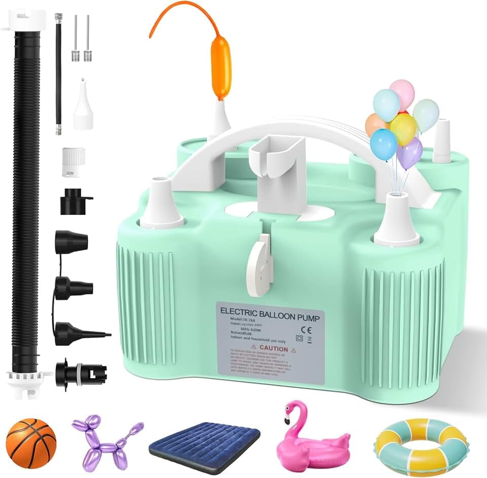 PlusFive 4-in-1 Elektrische Luftpumpe, Multifunktions Ballonpumpe Elektrisch mit Dual-Motor &10 Luftdüsen für Aufblasung/Entlüftung von Modellierballons & Sportbälle & Poolschwimmer & Luftmatratzen