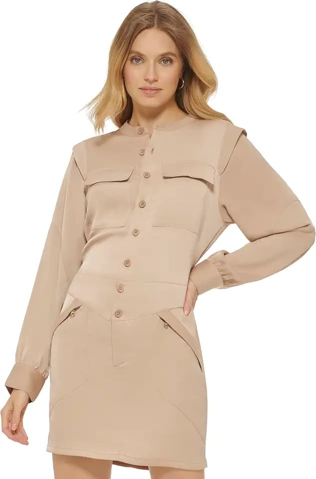 DKNY Polyester Short Button Front Long Sleeve Dress