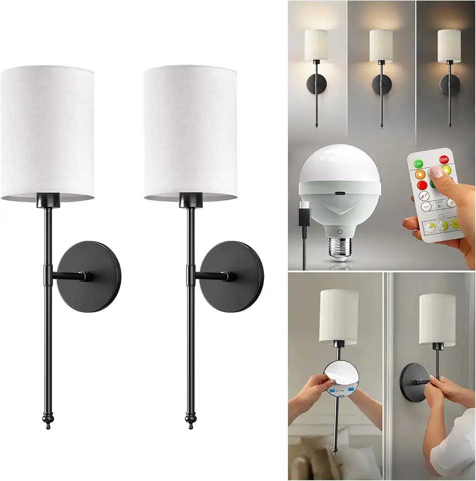 PRIDOLA Set of 2 Wireless Wall Sconces - Stick-On or Screw Mount for Easy Installation with Rechargeable LED Bulbs, Remote Controlled, Adjustable Brightness & Warmth, Vintage Wall Decor (Black)
