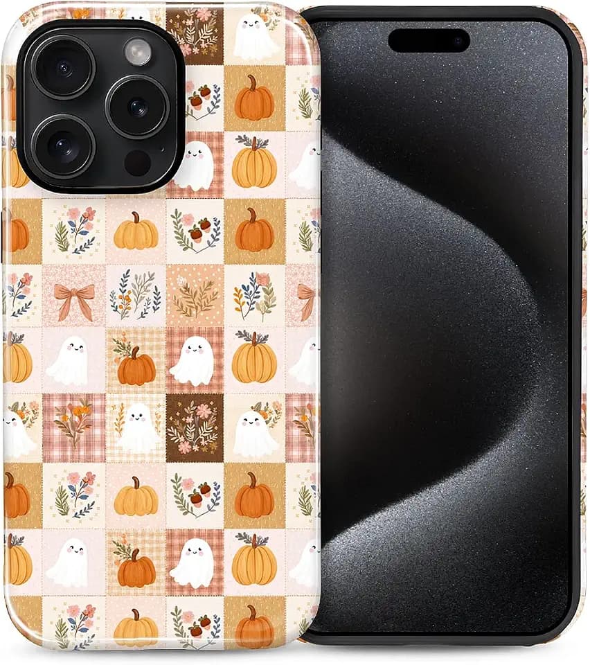 for iPhone 15 Pro Case Cute - Dual-Layer Hard Shell + Silicone Cover - Aesthetic Protective Phone Case for Women Girls -Ghost Pumpkin Fall Patchwork