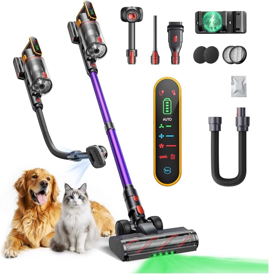 Fieety Akku Staubsauger für Tierhaare 650W/55KPa/70Min mit Tierpflegebürste | 1,5M Verlängerungsschlauch • Anti-Tangle • Duftfunktion • Wandladestation • 58dB Ultraleise Für Teppiche/Hartböden/Tierhaare