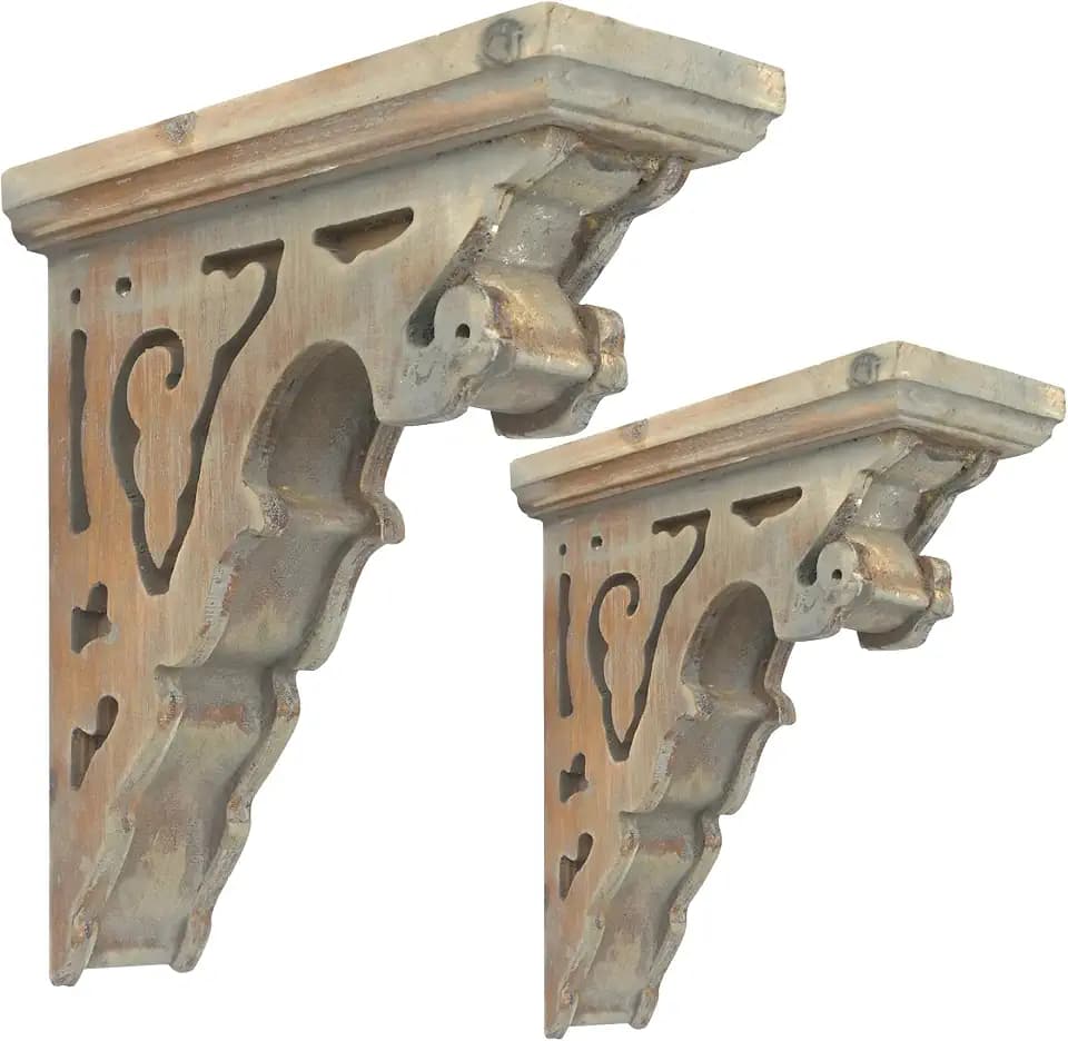BIG FORTUNE Set of 2 Corbels for Shelves Wood Corbels Decorative,L7.2 x W3.1 x H7.8 Inch, Shelf Brackets Wooden Vintage Shelf Farmhouse Decor(Gray)