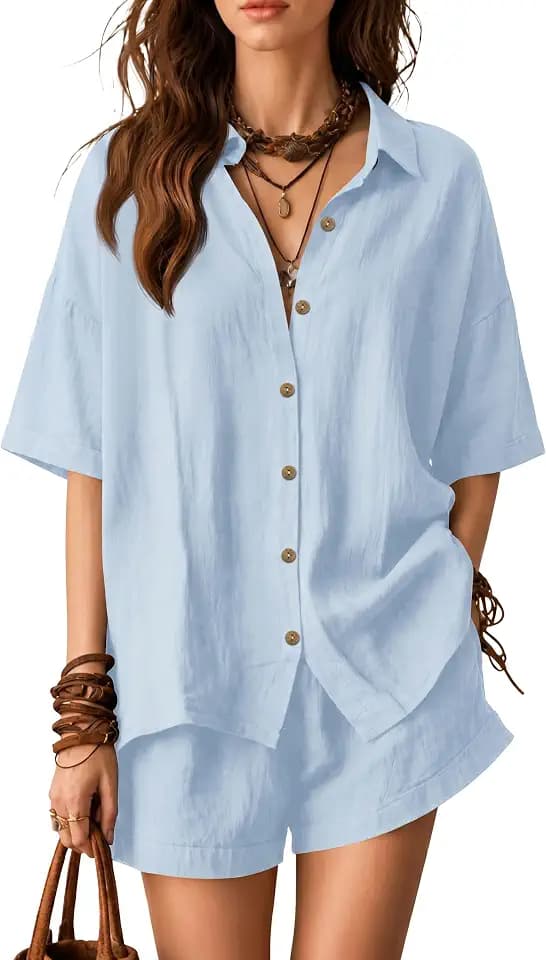 GUNEST Women 2 Piece Sets Cotton Casual Shorts Button Down Set