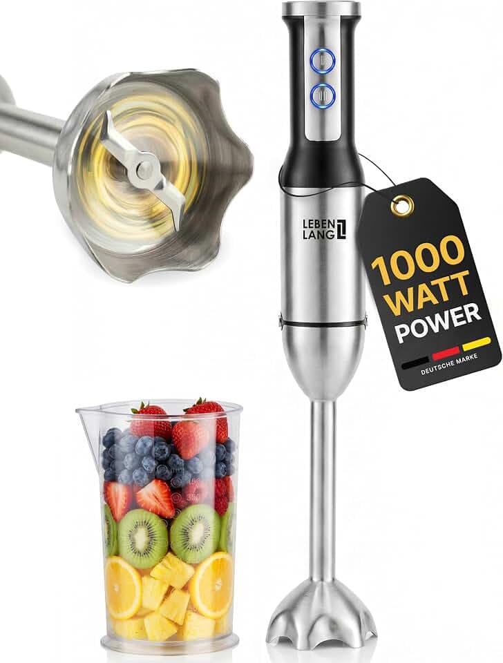 LEBENLANG 1000W Stabmixer Edelstahl - Mit Spritzschutz & 8 Stufen & Turbo