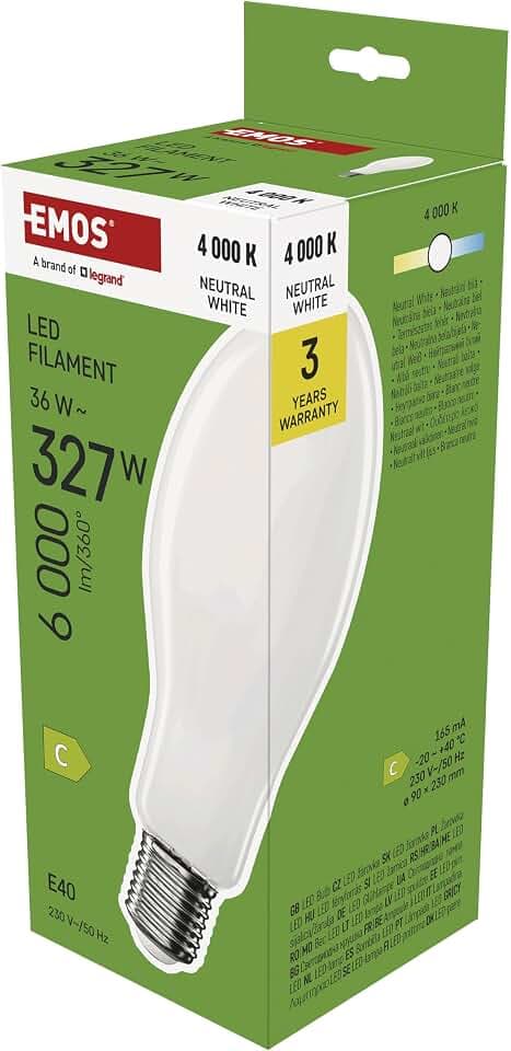EMOS LED Lampe Edison Typ ED90, 36W Ersatz für 327W Glühbirne, Industrieleuchte, E40 Sockel, extra hell 6000 Lumen, Neutralweiß 4000 K, 25000 h Lebensdauer, CRI min. 80, 330° Abstrahlwinkel