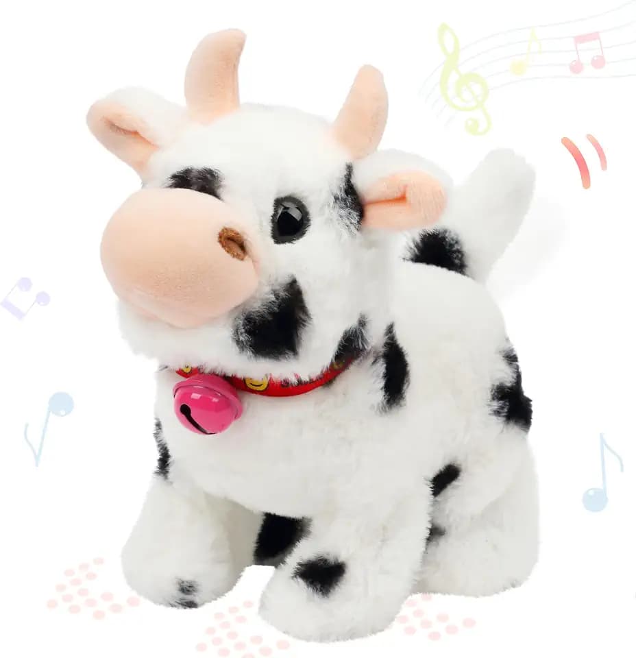 Hopearl Walking Cow Interactive Electronic Pet Plush Diary Cattle Toy with Sounds and Movements MOO Nodding Head Wag Tail Animated Gift for Toddlers Birthday, Black, 7''
