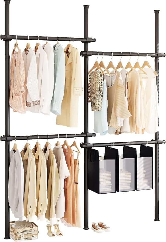 Floor-to-Ceiling Clothes Rack with 3 Laundry Hampers, Heavy-Duty Adjustable Closet Organizer, Modular Wardrobe Storage System, Black