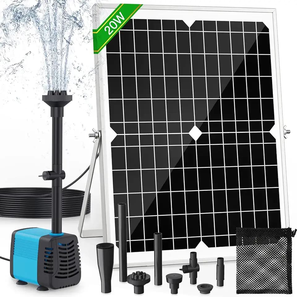 20W Solar Fountain Pump, 350GPH Submersible Solar Pond Pump with Adjustable Flow & 4 Nozzles, Anti-Clog Barrier Bag for Bird Bath, Outdoor Pond, Garden Water Features, Pool