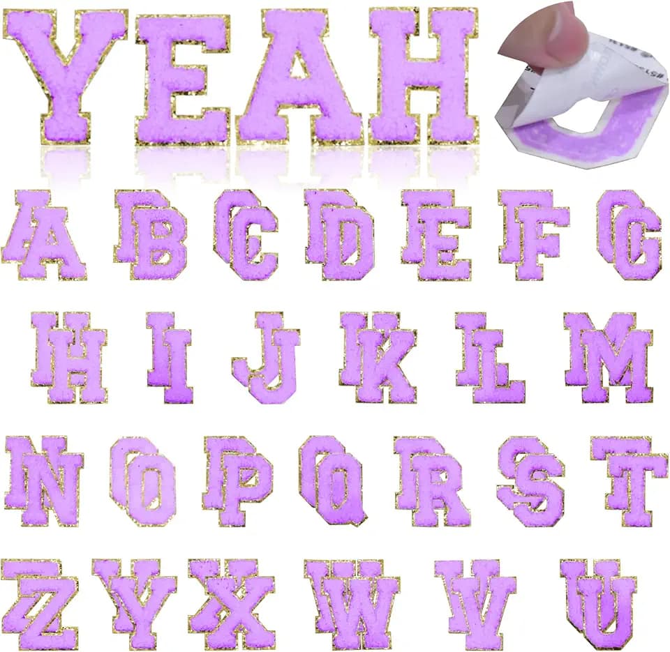 52 Pcs Purple Chenille Letter Patches A-Z, Self Adhesive Iron on Letters, 2.2 Inch Fuzzy Varsity Alphabet Stickers, Embroidered Applique Stick On Sew On for Clothes, Hats, Backpacks, Jeans, DIY Crafts