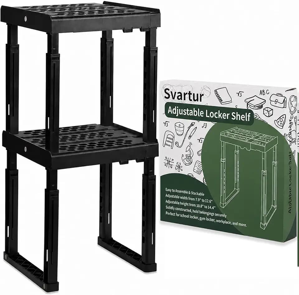 Svartur Locker Shelf Height and Width Adjustable, Locker Organizer for Work, Stack-able Locker Stand Tools for Gym Locker, Locker Accessories Stuff, Black, Pack of 2
