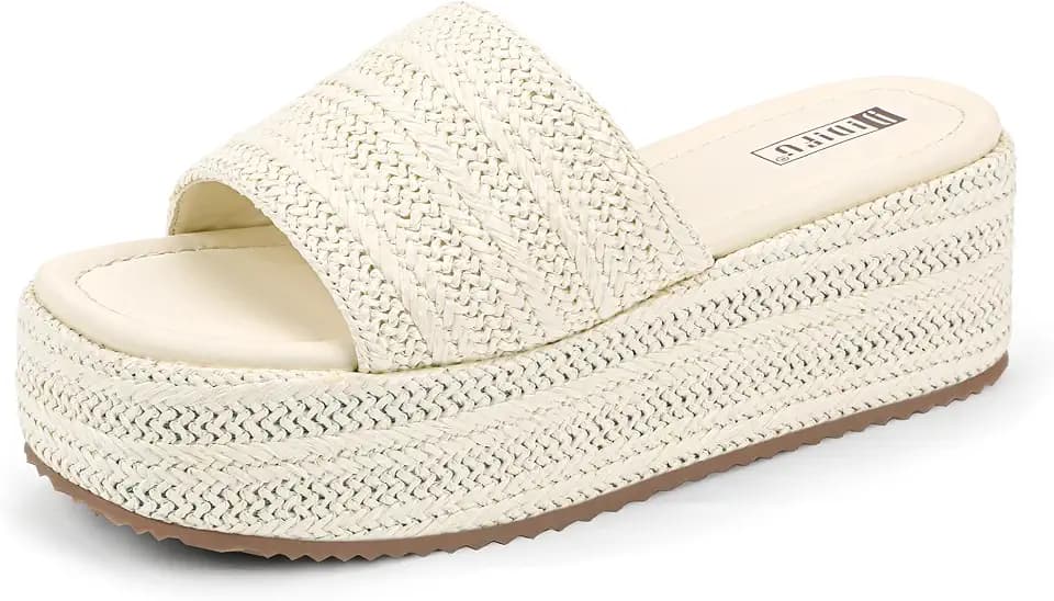 IDIFU IN3 Platform Espadrille Sandals Slip on Low Raffia Wedges for Women Summer Beach Vacation Dressy Slides Shoes Comfortable Cute Casual Bohemia Round Open Toe Sandals