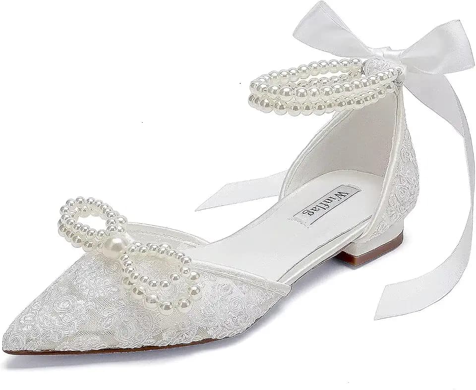Pearl Wedding Shoes for Bride Flat Lace Bride Shoes Pointed Toe Bridal Flats