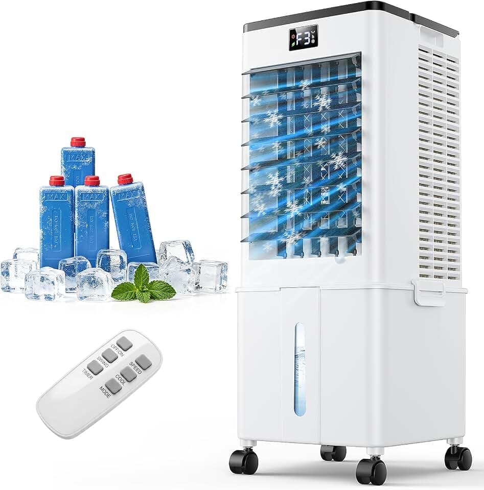 Mobile Klimaanlage ohne Abluftschlauch, 10L Luftkühler 60W, 4-in-1 Verdunstungskühler mit 12H Timer, 4 Modi, 120° Oszillation, Abnehmbarem Wassertank für Schlafzimmer, Büro und Zuhause（Tiefschwarz）