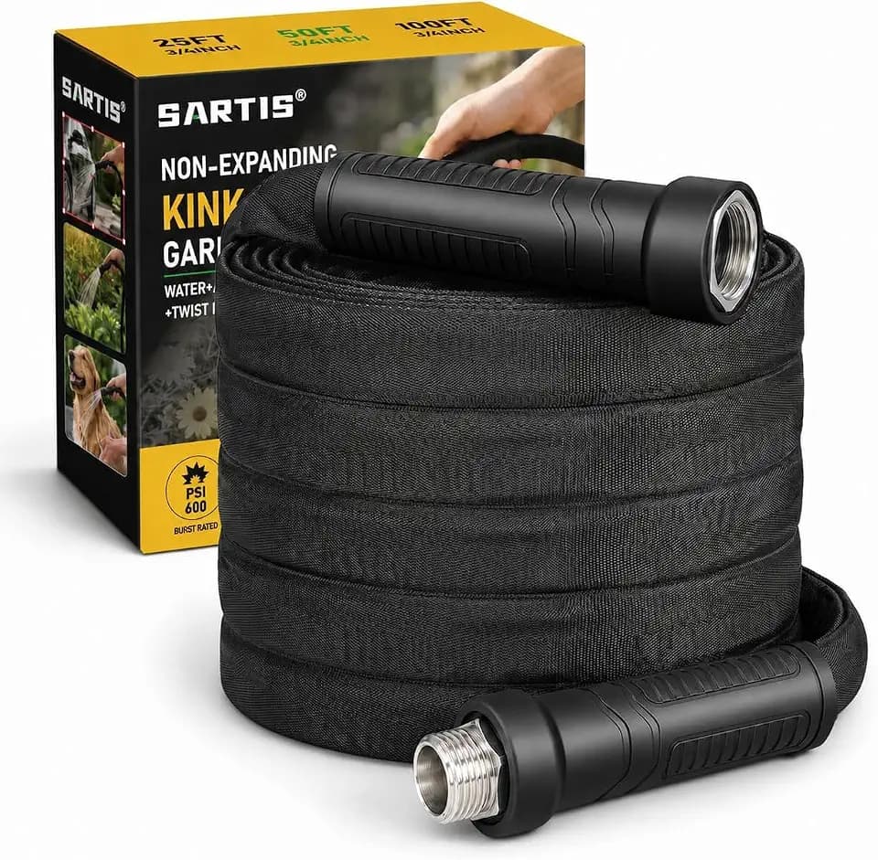 Garden Hose 50 ft x 5/8 in, Lightweight Flexible Water Hose, Kink-Resistant Design, Abrasion-Resistant Outer Cover, Leak-Proof Reinforced Fittings, Durable All-Weather Performance.Black