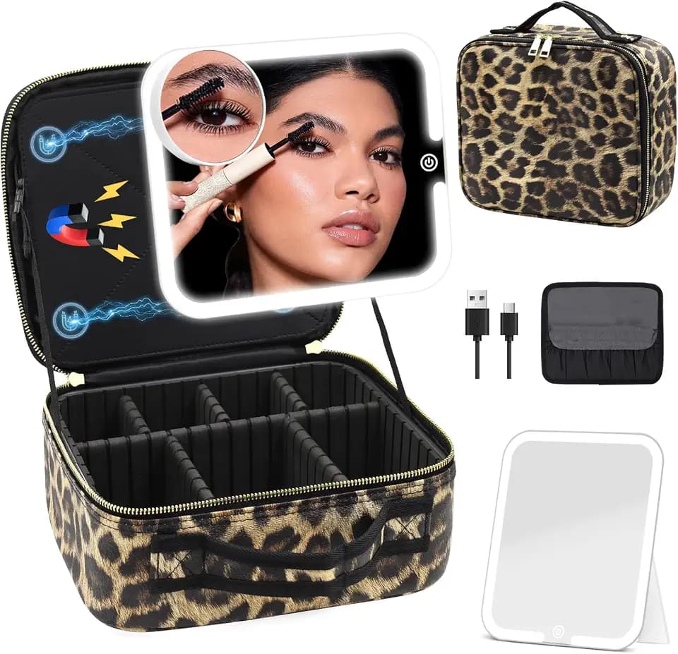 Make-up-Tasche mit magnetischem, abnehmbarem, beleuchtetem Spiegel, 360°-Winkel, Reise-Make-up-Tasche mit Lichtern,tragbarer Kosmetiktaschen-Organizer, Reise-Zugkoffer